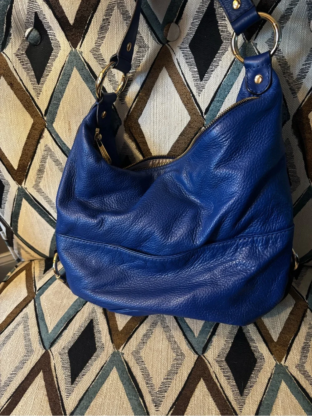 New condition! Michael Kors Royal Blue Pebbled Leather Hobo with Gold MK Emblem